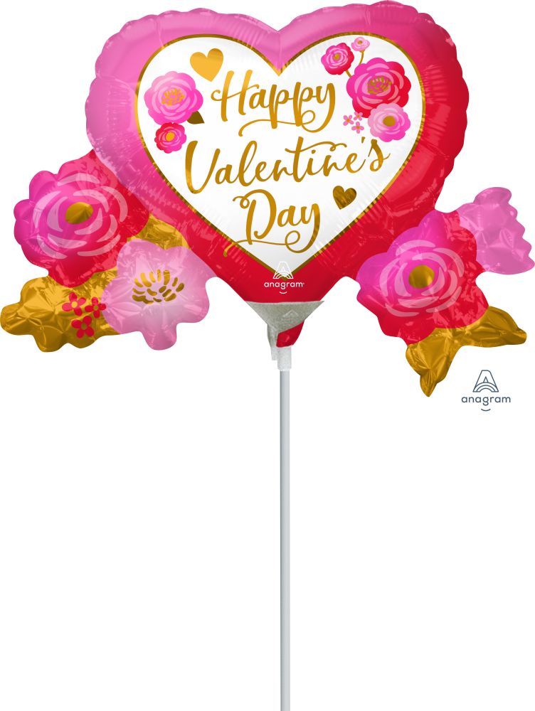 MiniShape Happy Valentines Day Heart and Roses Balloon (Inflated with Cup and Stick)