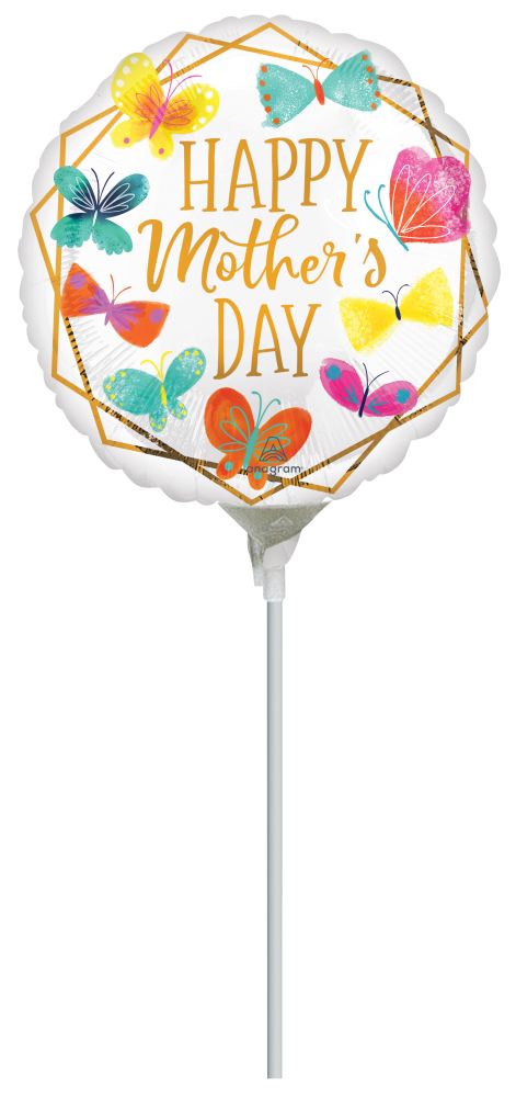 09" Happy Mothers Day Gold Trim Balloon (Inflated with Cup and Stick)