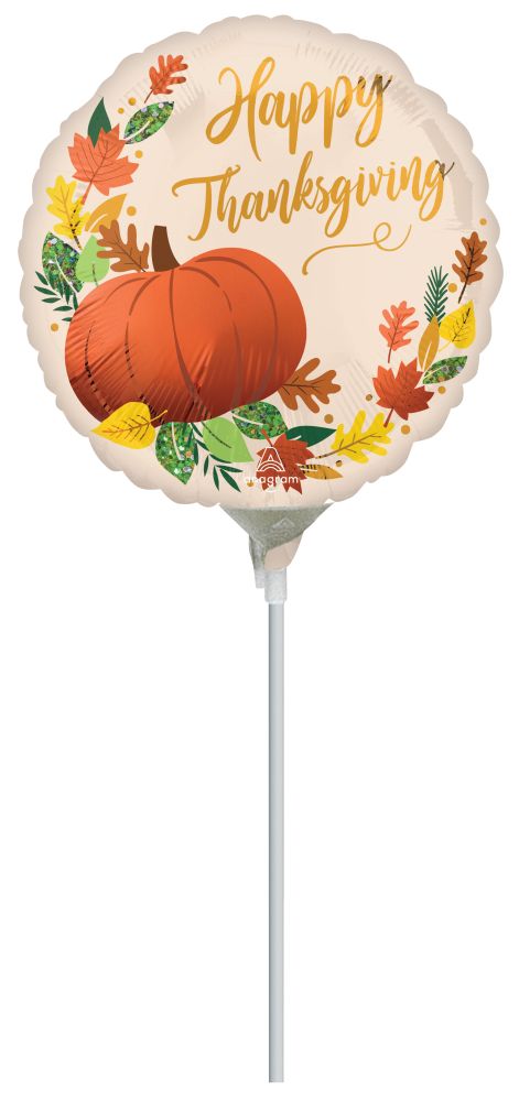 09" Satin Happy Thanksgiving Fall Pumpkin Balloon (Inflated with Cup and Stick)