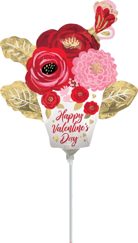 Mini Shape Happy Valentines Day Satin Painted Flowers  Balloon (Inflated with Cup and Stick)