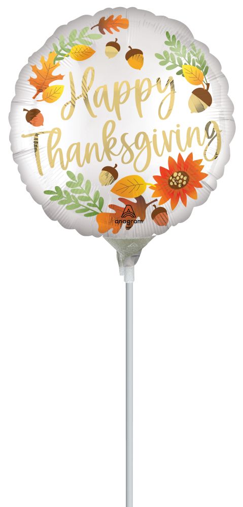 09" Satin Happy Thanksgiving Balloon (Inflated with Cup and Stick)