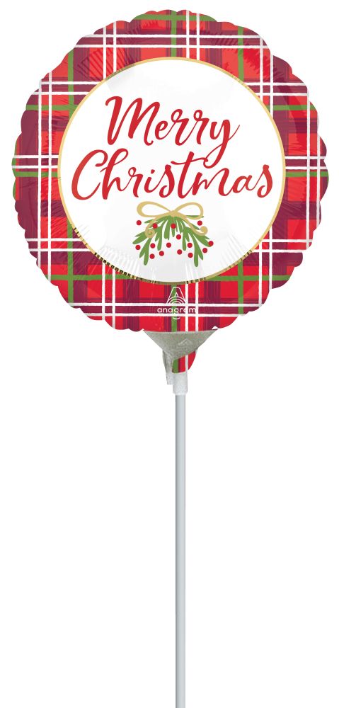09" Christmas Plaid Balloon (Inflated with Cup and Stick)