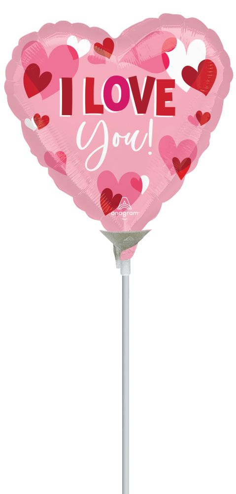 09" I Love You Playful Hearts Balloon (Inflated with Cup and Stick)