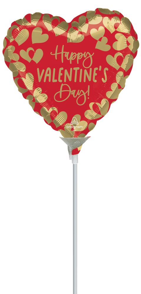 09" Golden Happy Valentines Day Balloon (Inflated with Cup and Stick)