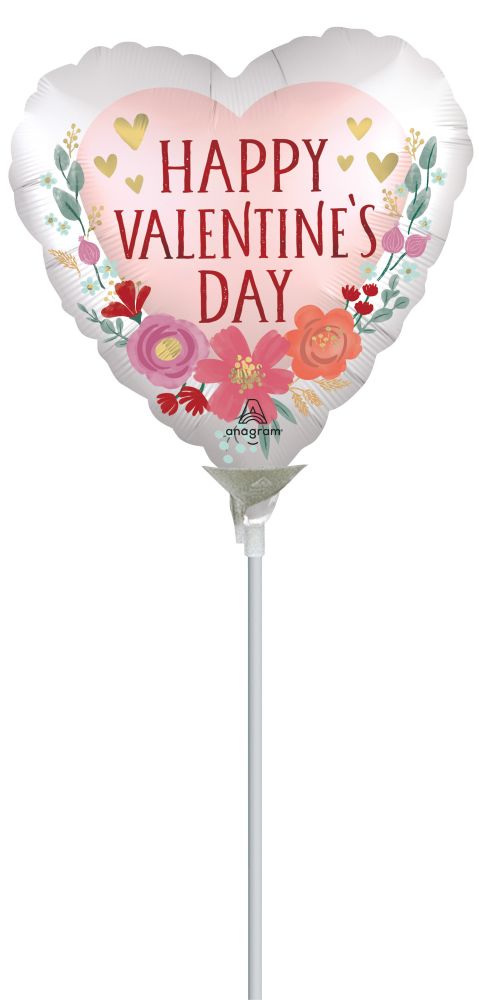 09" Happy Valentines Day Satin Romantic Flowers Balloon (Inflated with Cup and Stick)