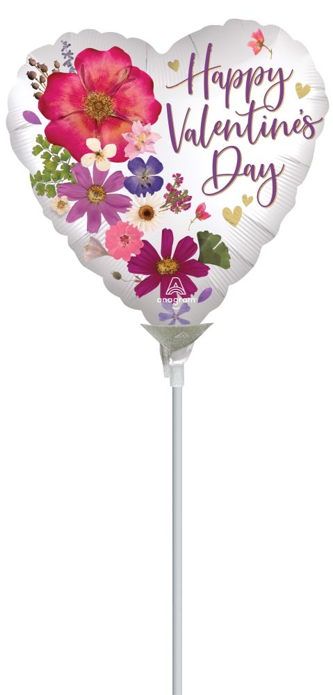 04" Satin Happy Valentines Day Pressed Flowers Balloon (Inflated with Cup and Stick)