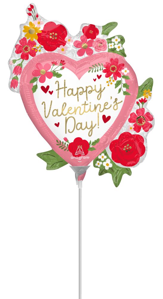 MiniShape Happy Valentines Day Floral Balloon (Inflated with Cup and Stick)