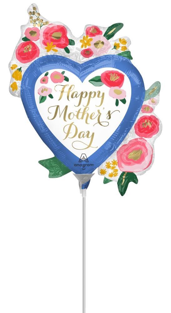 Mini Shape Happy Mothers Day Painted Floral Heart Balloon (Inflated with Cup and Stick)
