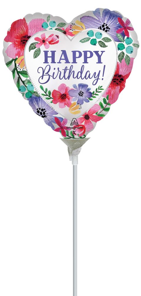04" Satin Happy Birthday Florals Balloon (Inflated with Cup and Stick)