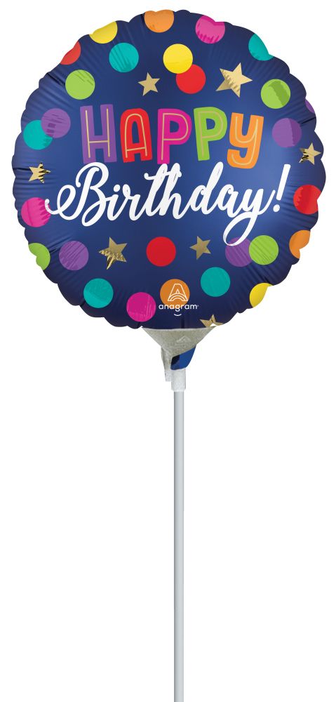 04" Satin Happy Birthday Blue Confetti Balloon (Inflated with Cup and Stick)
