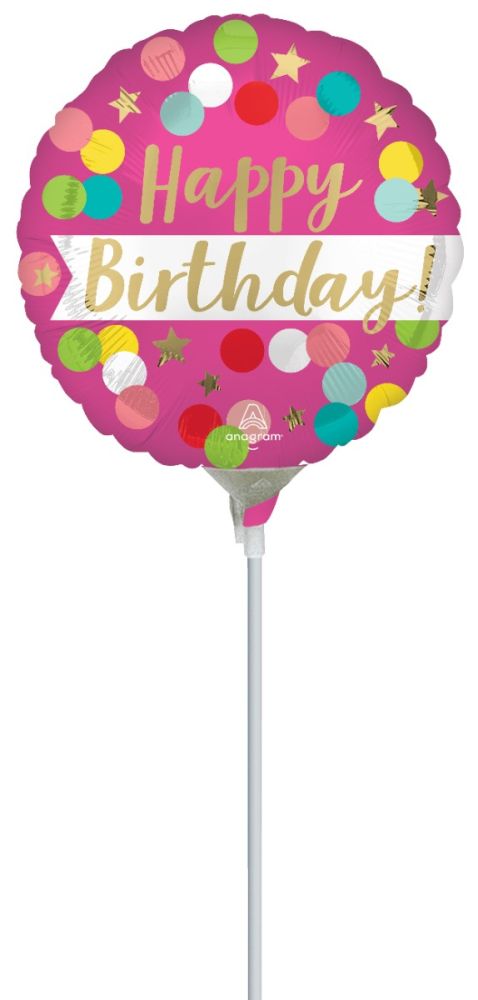 04" Satin Happy Birthday Pink Confetti Balloon (Inflated with Cup and Stick)