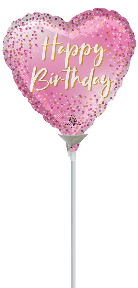 09" Happy Birthday Sparkle Heart Balloon (Inflated with Cup and Stick)