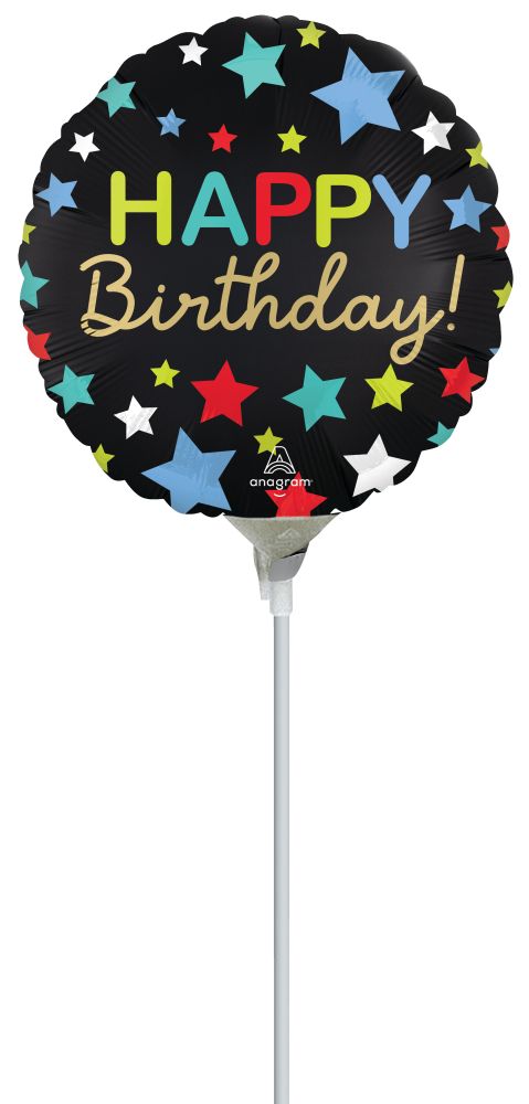 09" Satin Happy Birthday Stars Balloon (Inflated with Cup and Stick)