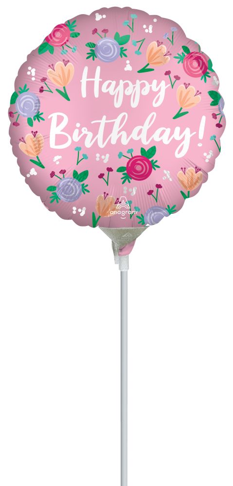 09" Satin Happy Birthday Peony Balloon (Inflated with Cup and Stick)