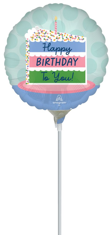 09" Satin Happy Birthday Cake Balloon (Inflated with Cup and Stick)