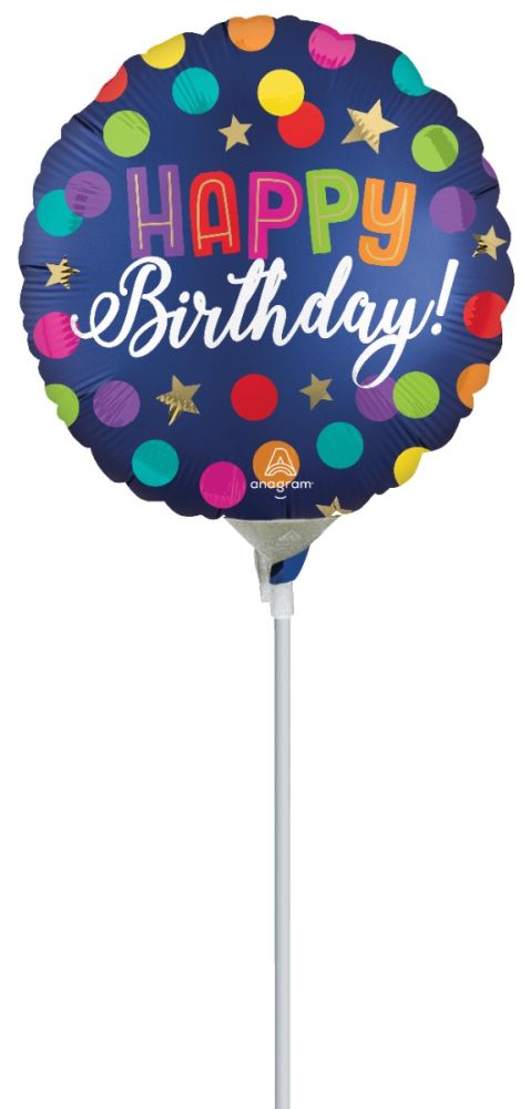 09" Satin Happy Birthday Blue Confetti Balloon (Inflated with Cup and Stick)