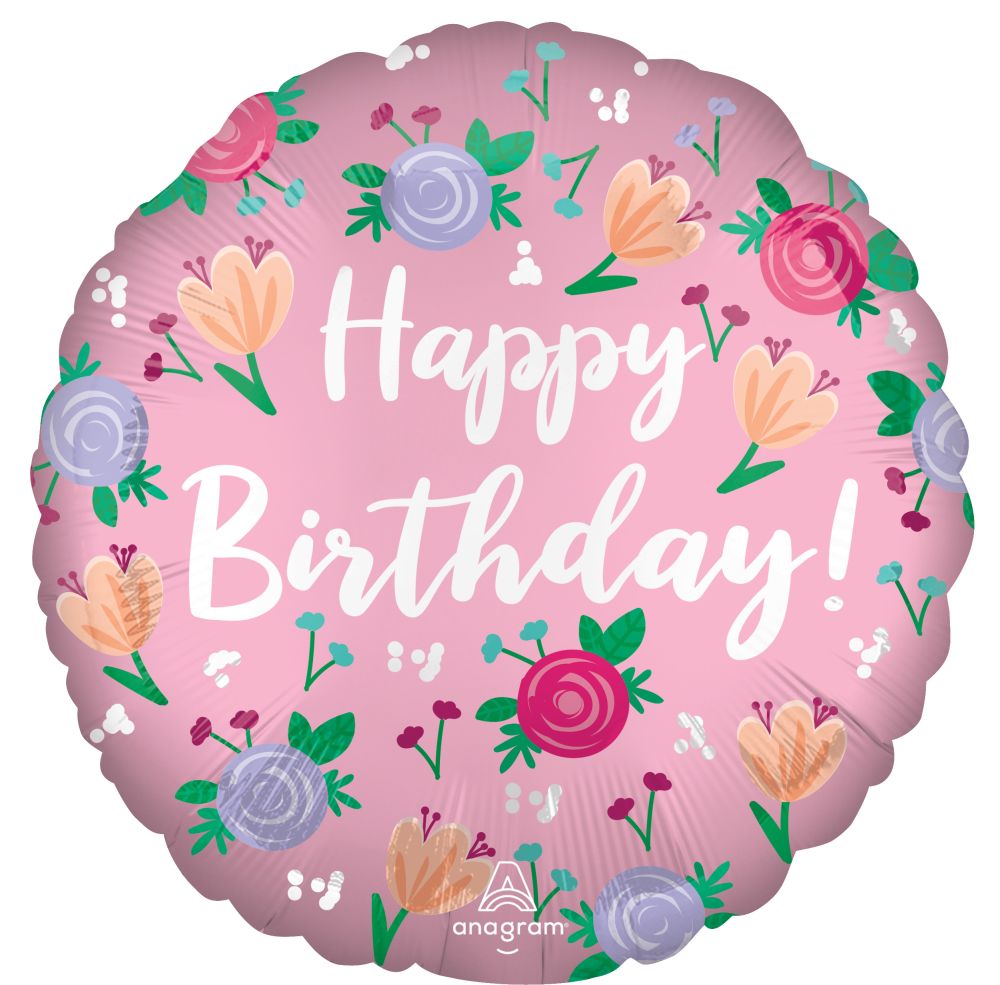Standard Satin Happy Birthday Peony Balloon