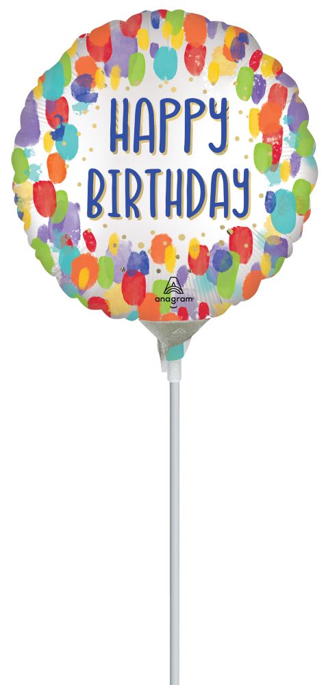 09" Satin Painterly Dots Birthday Balloon (Inflated with Cup and Stick)