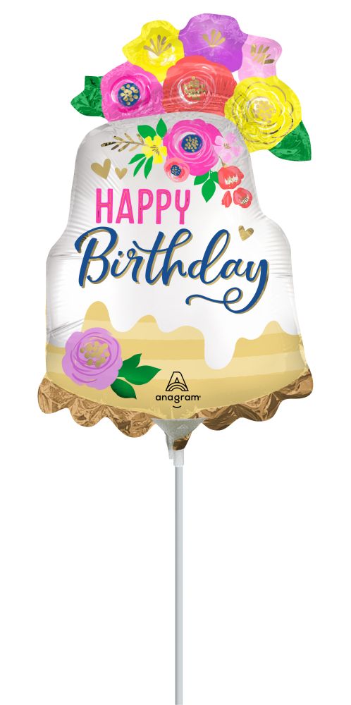 Mini Shape Satin Artful Floral Birthday Balloon (Inflated with Cup and Stick)