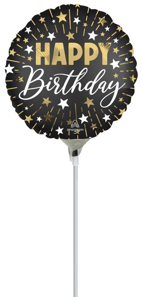 09" Black Gold Silver Happy Birthday Balloon (Inflated with Cup and Stick)
