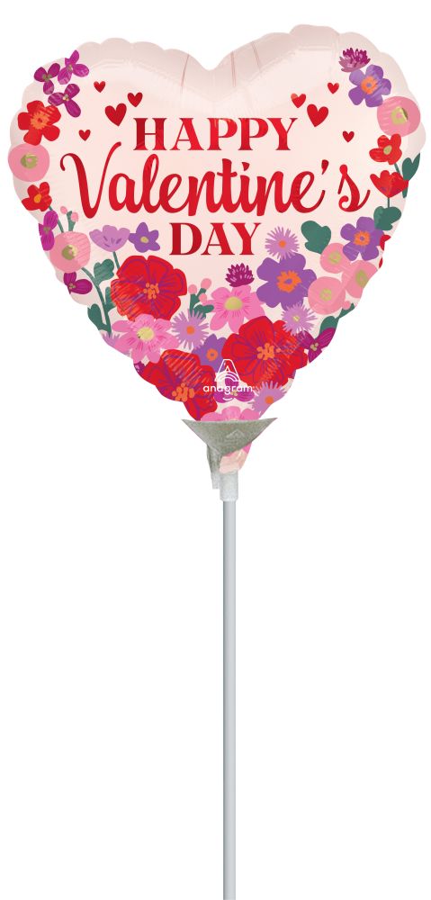 09" Happy Valentines Day Satin Floral Bright Chintz Balloon (Inflated with Cup and Stick)