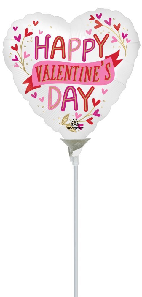 09" Happy Valentines Day Satin Botanical Traces Balloon (Inflated with Cup and Stick)