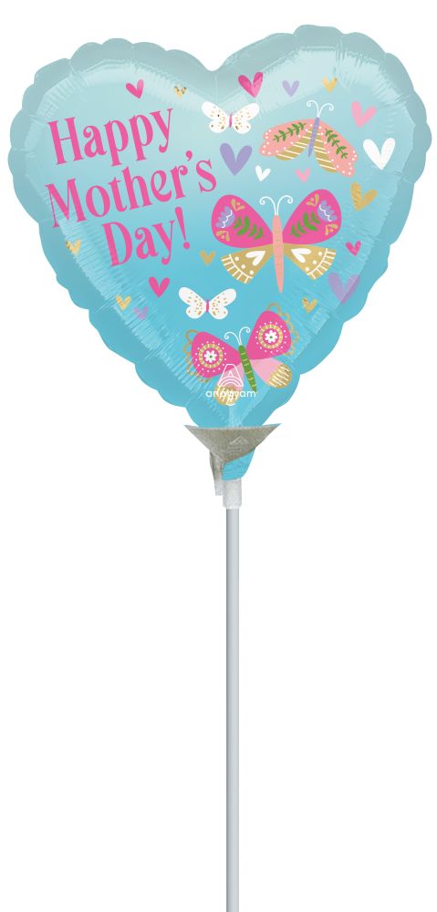 09" Happy Mothers Day Butterflies Balloon (Inflated with Cup and Stick)