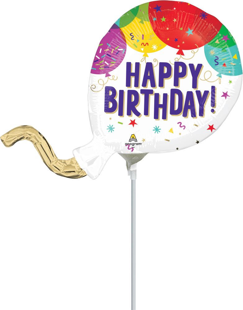 MiniShape Happy Birthday Balloons (Inflated with Cup and Stick)