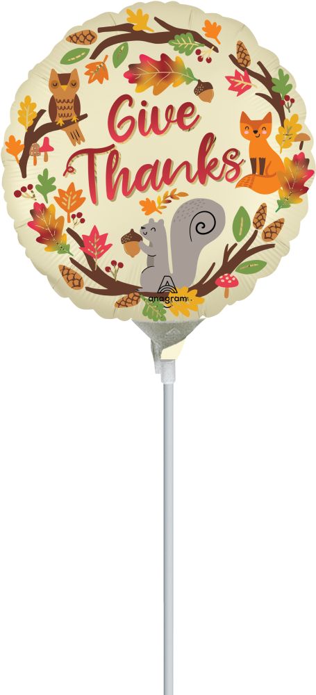 09" Satin Happy Fall Give Thanks Balloon (Inflated with Cup and Stick)