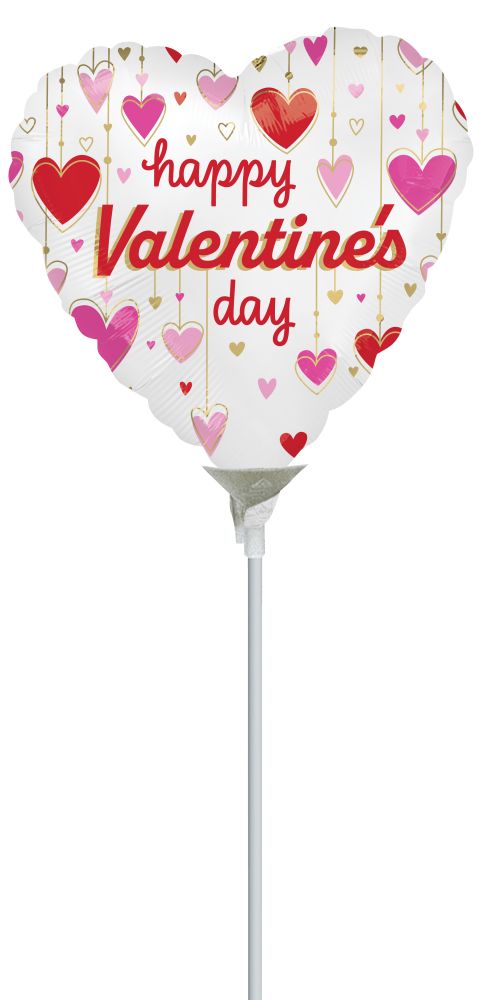 09" Happy Valentines Day Satin Dangling Hearts Balloon (Inflated with Cup and Stick)