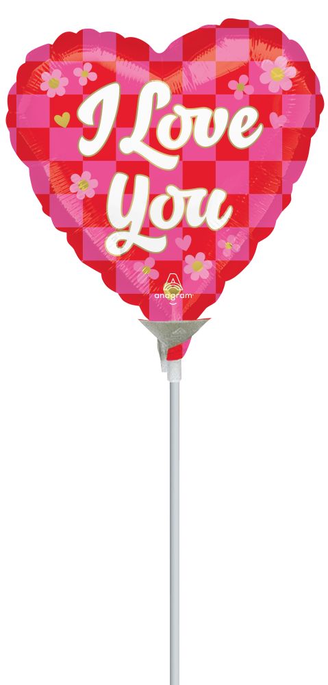 09" I Love You Checkerboard Balloon (Inflated with Cup and Stick)
