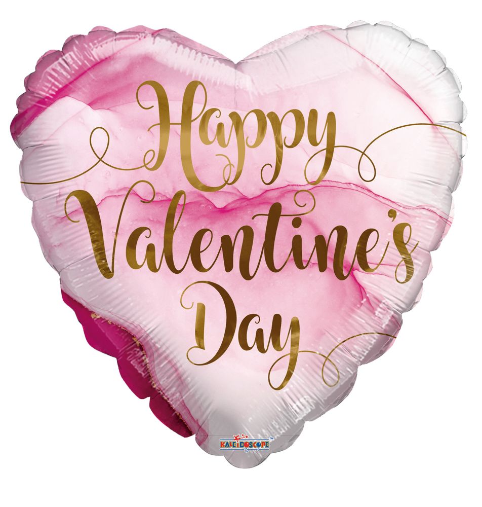 09" Happy Valentines Day Pink Marble Balloon (Inflated with Cup and Stick)