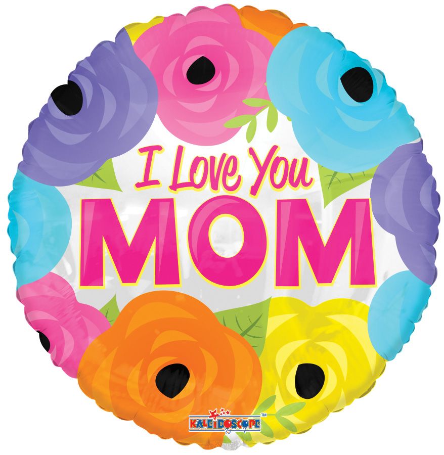 09" I Love You Mom Bright Flowers Balloon (Inflated with Cup and Stick)