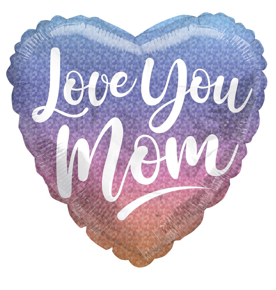 09" Love You Mom Prismatic Balloon (Inflated with Cup and Stick)