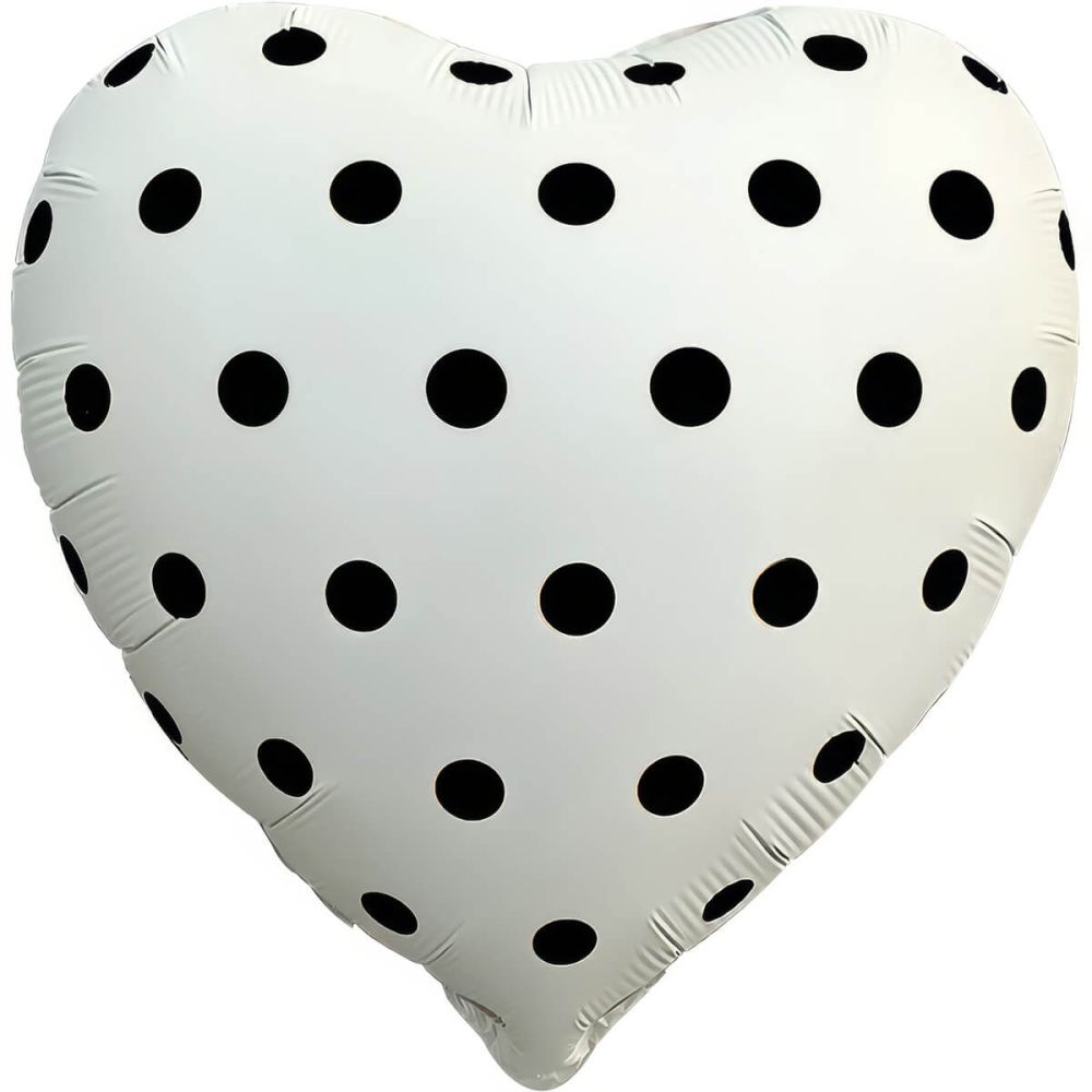 18" White with Black Dots Heart Balloon