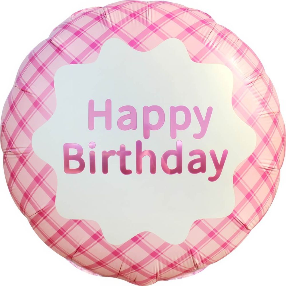 18" Happy Birthday Plaid Pink Balloon