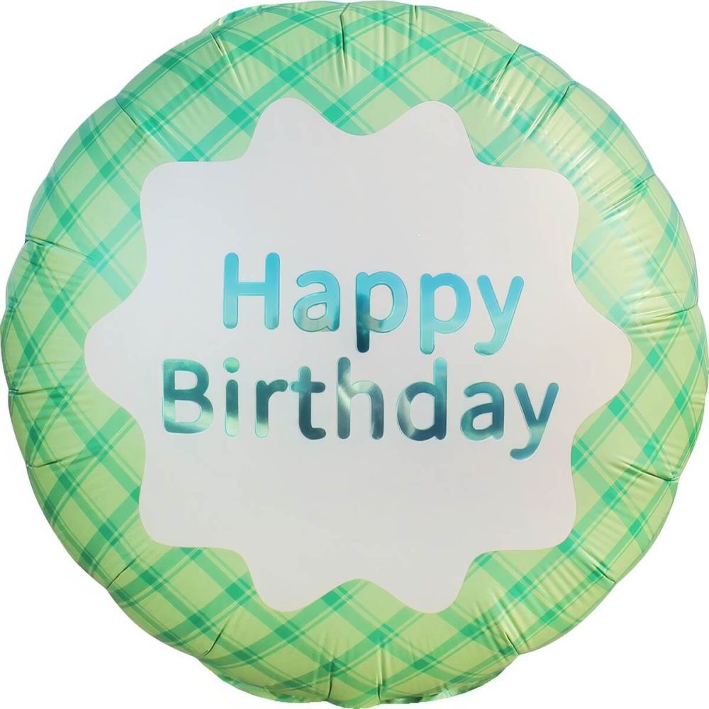 18" Happy Birthday Plaid Green Balloon