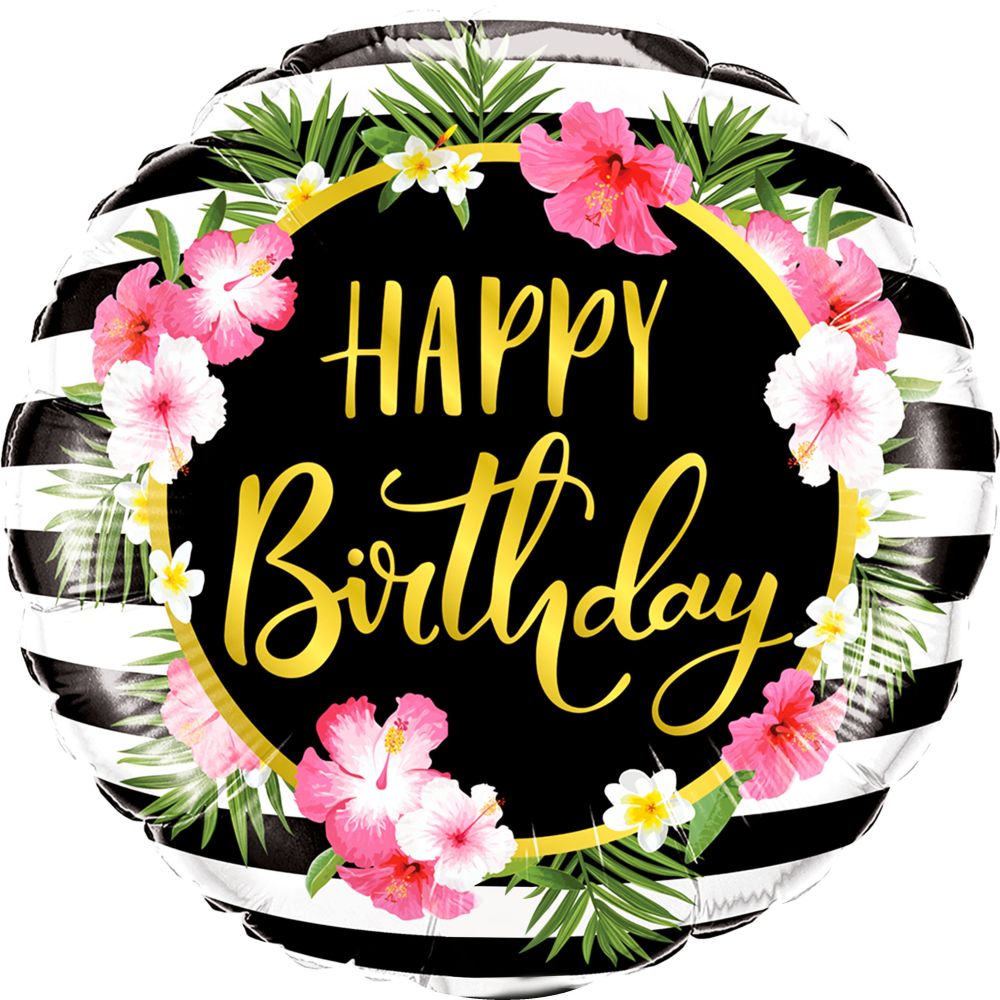 18" Happy Birthday Flowers Gold Round Arch Balloon