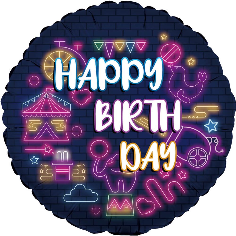 18" Happy Birthday Neon Circus Balloon