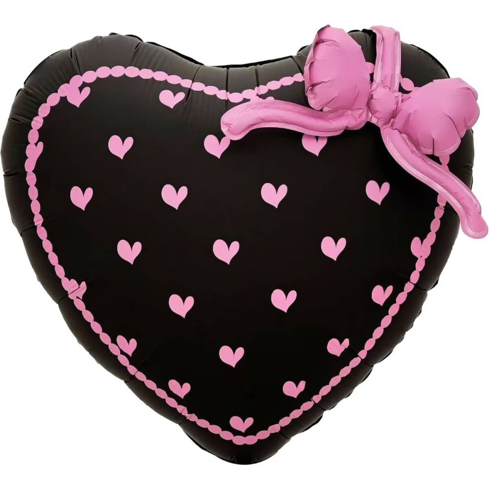 22" Pink Trim Black Floral Heart with Pink Bow Balloon